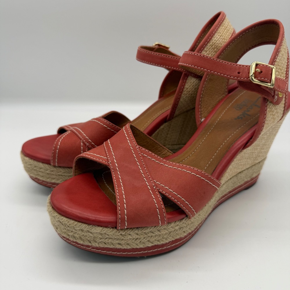 Clarks Indigo Red Orange Leather Espadrille Wedge Sandals 7.5M Boho Summer